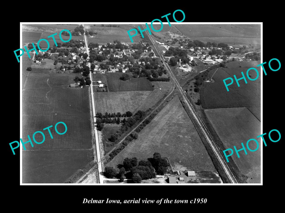 OLD LARGE HISTORIC PHOTO DELMAR IOWA, AERIAL VIEW OF THE TOWN c1960