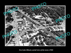 OLD LARGE HISTORIC PHOTO FOX LAKE ILLINOIS, AERIAL VIEW OF THE TOWN c1960