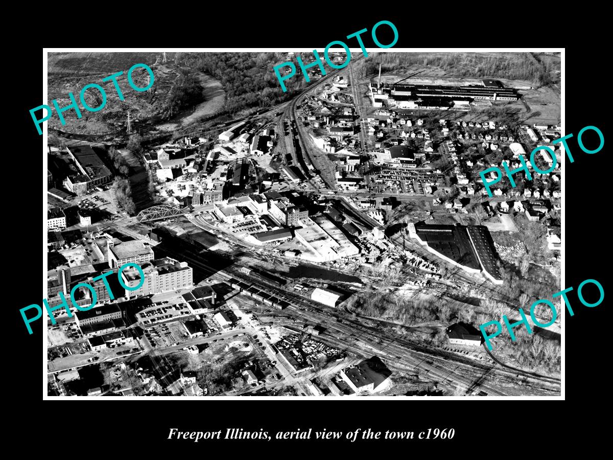 OLD LARGE HISTORIC PHOTO FREEPORT ILLINOIS, AERIAL VIEW OF THE TOWN c1960