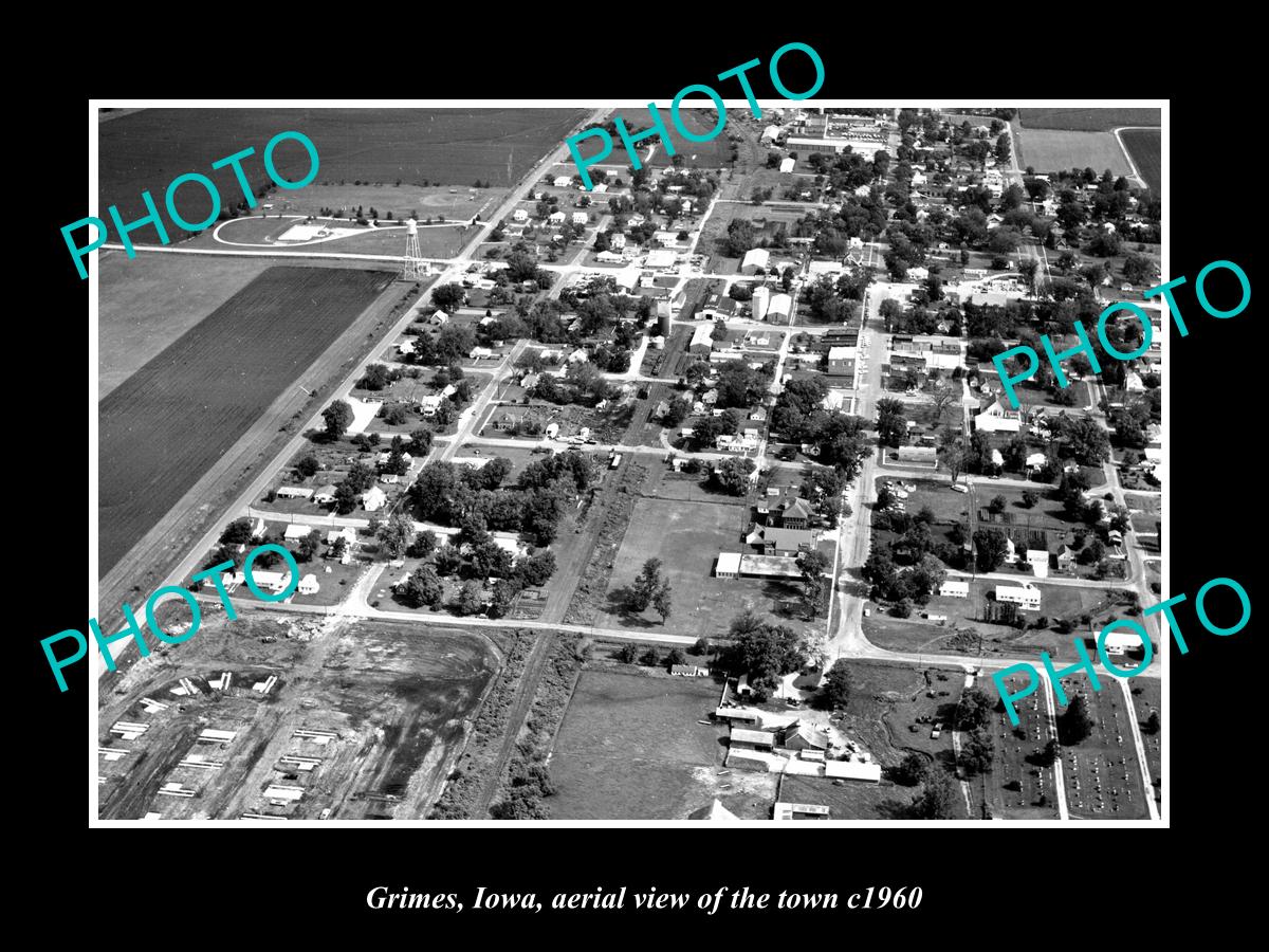 OLD LARGE HISTORIC PHOTO GRIMES IOWA, AERIAL VIEW OF THE TOWN c1960