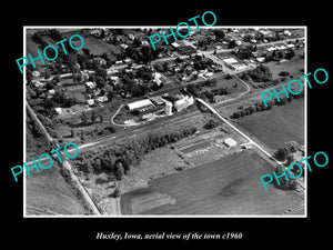 OLD LARGE HISTORIC PHOTO HUXLEY IOWA, AERIAL VIEW OF THE TOWN c1960