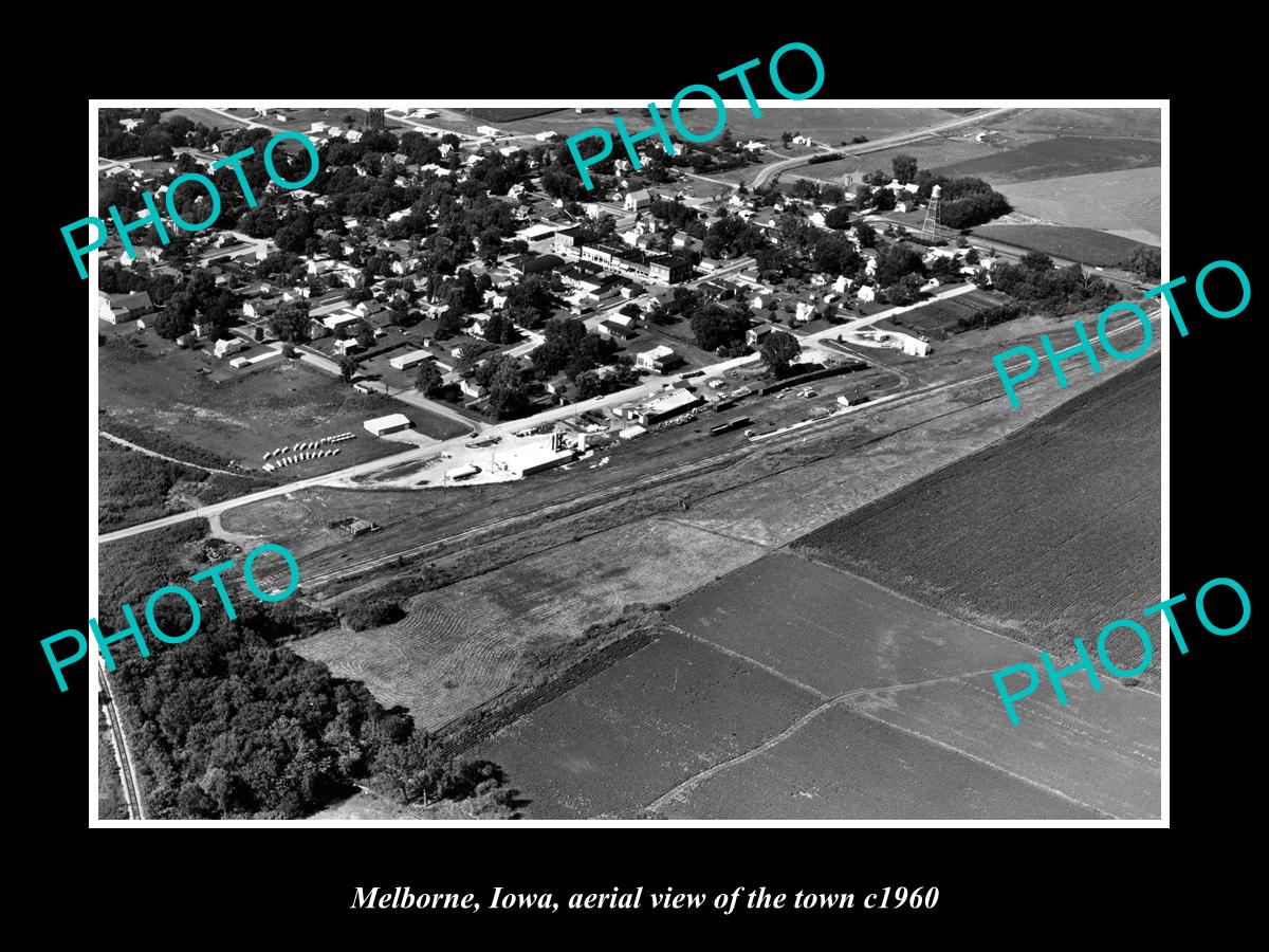 OLD LARGE HISTORIC PHOTO MELBORNE IOWA, AERIAL VIEW OF THE TOWN c1960