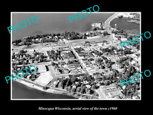 OLD LARGE HISTORIC PHOTO MINOCQUA WISCONSIN, AERIAL VIEW OF THE TOWN c1960