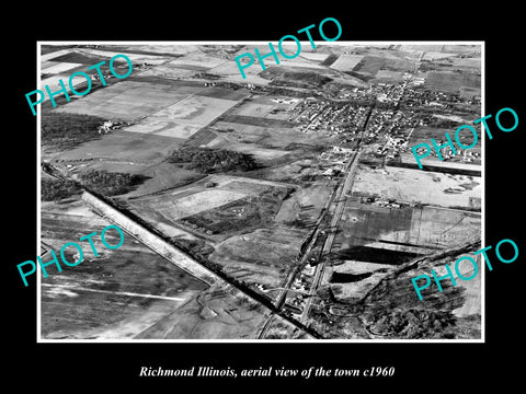 OLD LARGE HISTORIC PHOTO RICHMOND ILLINOIS, AERIAL VIEW OF THE TOWN c1960