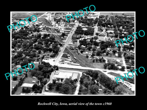 OLD LARGE HISTORIC PHOTO ROCKWELL CITY IOWA, AERIAL VIEW OF THE TOWN c1960