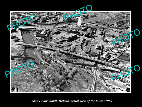 OLD LARGE HISTORIC PHOTO SIOUX FALLS SOUTH DAKOTA, AERIAL VIEW OF THE TOWN c1960