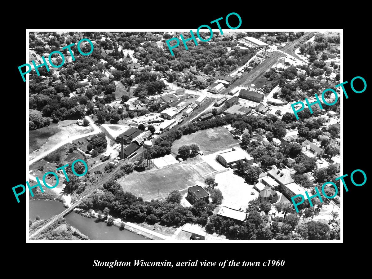 OLD LARGE HISTORIC PHOTO STOUGHTON WISCONSIN, AERIAL VIEW OF THE TOWN c1960