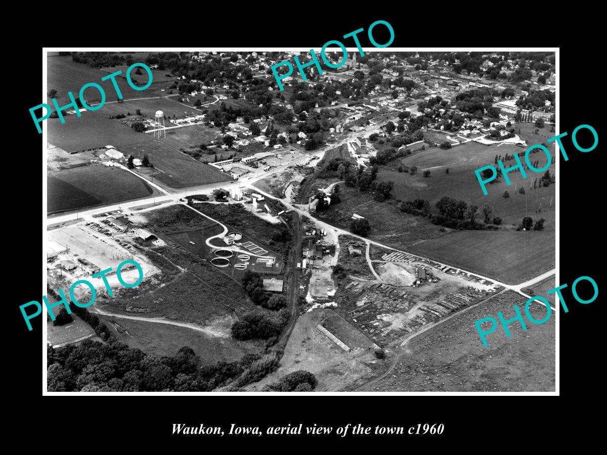 OLD LARGE HISTORIC PHOTO WAUKON IOWA, AERIAL VIEW OF THE TOWN c1960 1