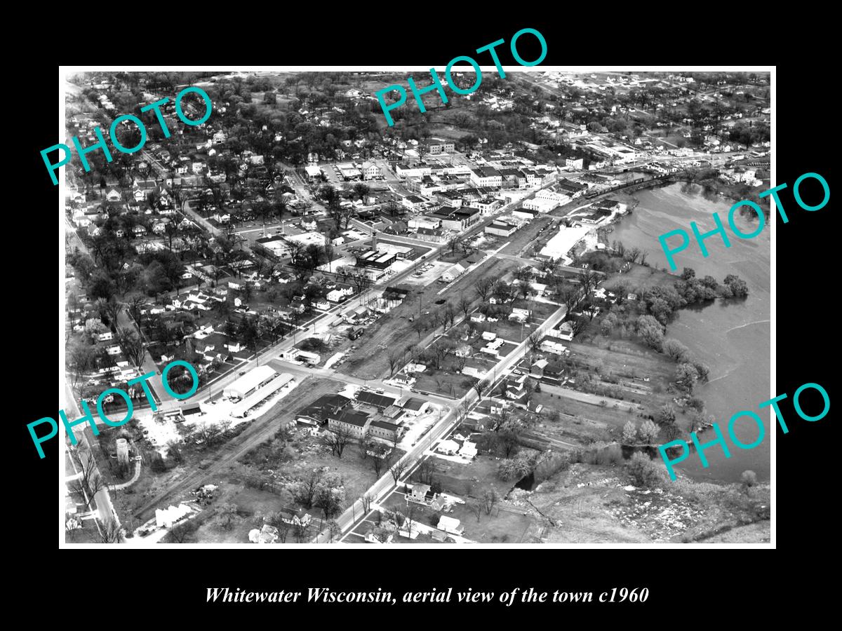 OLD LARGE HISTORIC PHOTO WHITEWATER WISCONSIN, AERIAL VIEW OF THE TOWN c1960 1