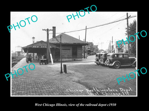 OLD LARGE HISTORIC PHOTO WEST CHICAGO ILLINOIS, THE RAILROAD DEPOT c1930