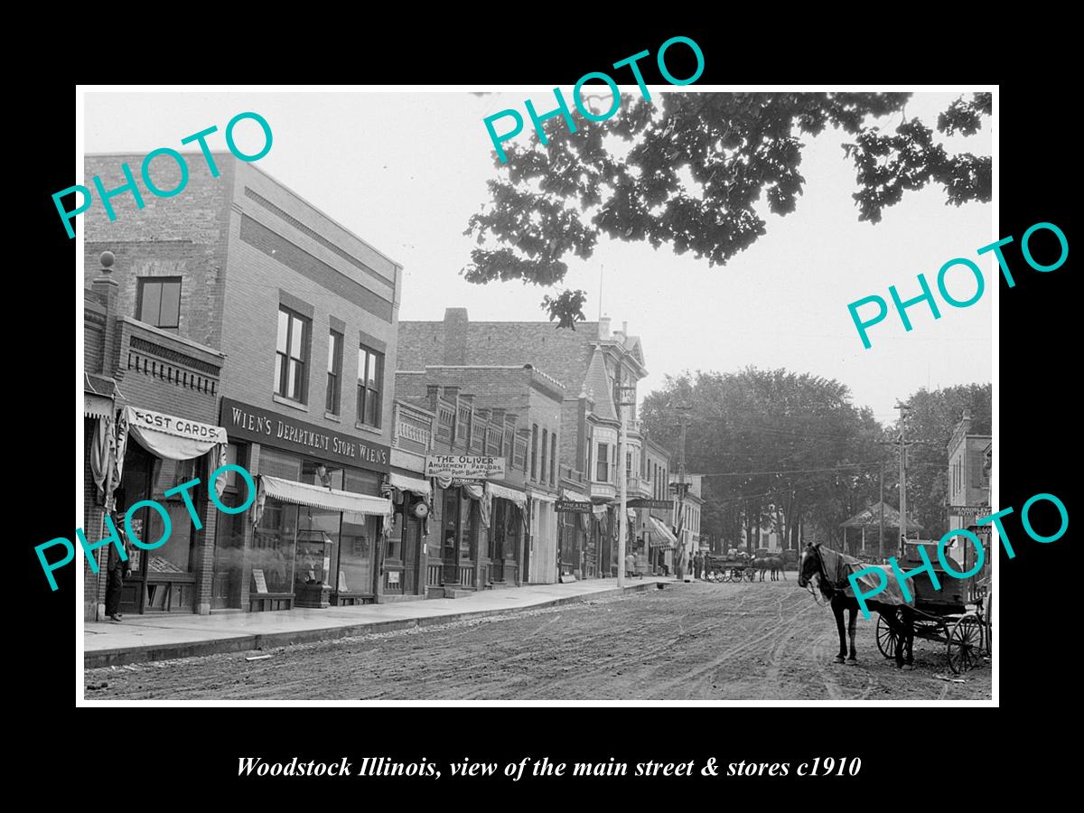 OLD LARGE HISTORIC PHOTO WOODSTOCK ILLINOIS, VIEW OF MAIN STREET & STORES c1910