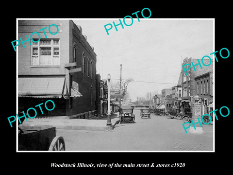 OLD LARGE HISTORIC PHOTO WOODSTOCK ILLINOIS, VIEW OF MAIN STREET & STORES c1920