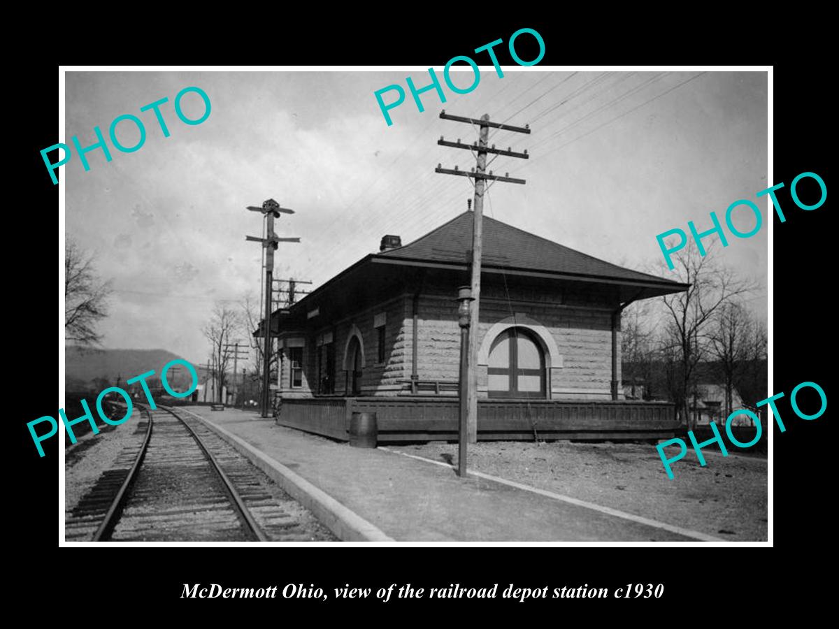 OLD LARGE HISTORIC PHOTO OF McDERMOTT OHIO, THE RAILROAD DEPOT STATION c1930
