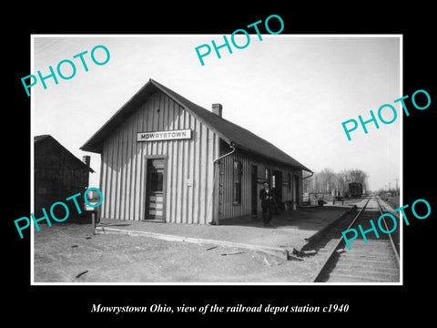 OLD LARGE HISTORIC PHOTO OF MOWREYSTOWN OHIO, THE RAILROAD DEPOT STATION c1940