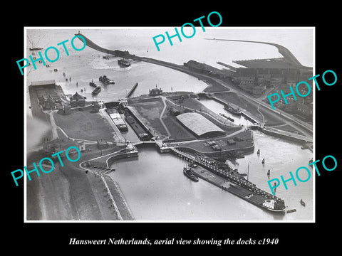 OLD LARGE HISTORIC PHOTO HANSWEERT NETHERLANDS HOLLAND AERIAL VIEW OF DOCK c1940