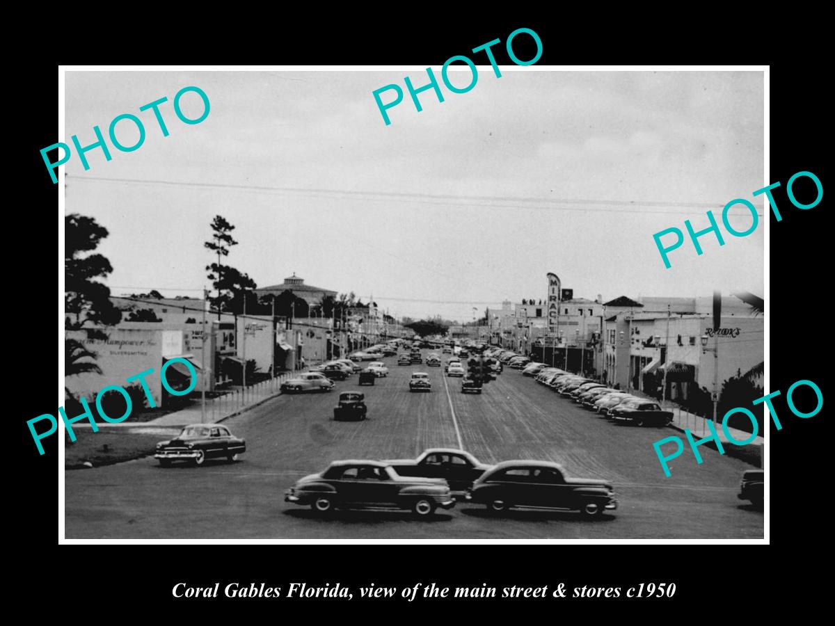 OLD LARGE HISTORIC PHOTO CORAL GABLES FLORIDA, THE MAIN STREET & STORES c1950