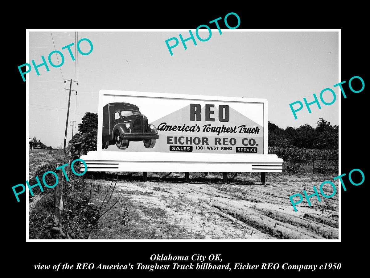 OLD LARGE HISTORIC PHOTO OKLAHOMA CITY OK USA, REO TRUCK DEALERS BILLBOARD c1950