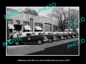 OLD LARGE HISTORIC PHOTO OKLAHOMA CITY OK USA, THE SCHLITZ BEER TRUCKS c1950