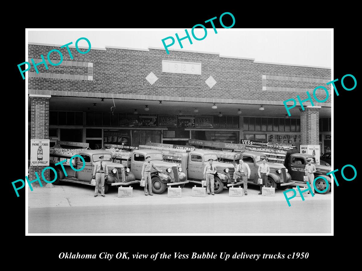 OLD LARGE HISTORIC PHOTO OKLAHOMA CITY OK USA, VESS BUBBLE UP DRINK TRUCKS c1950