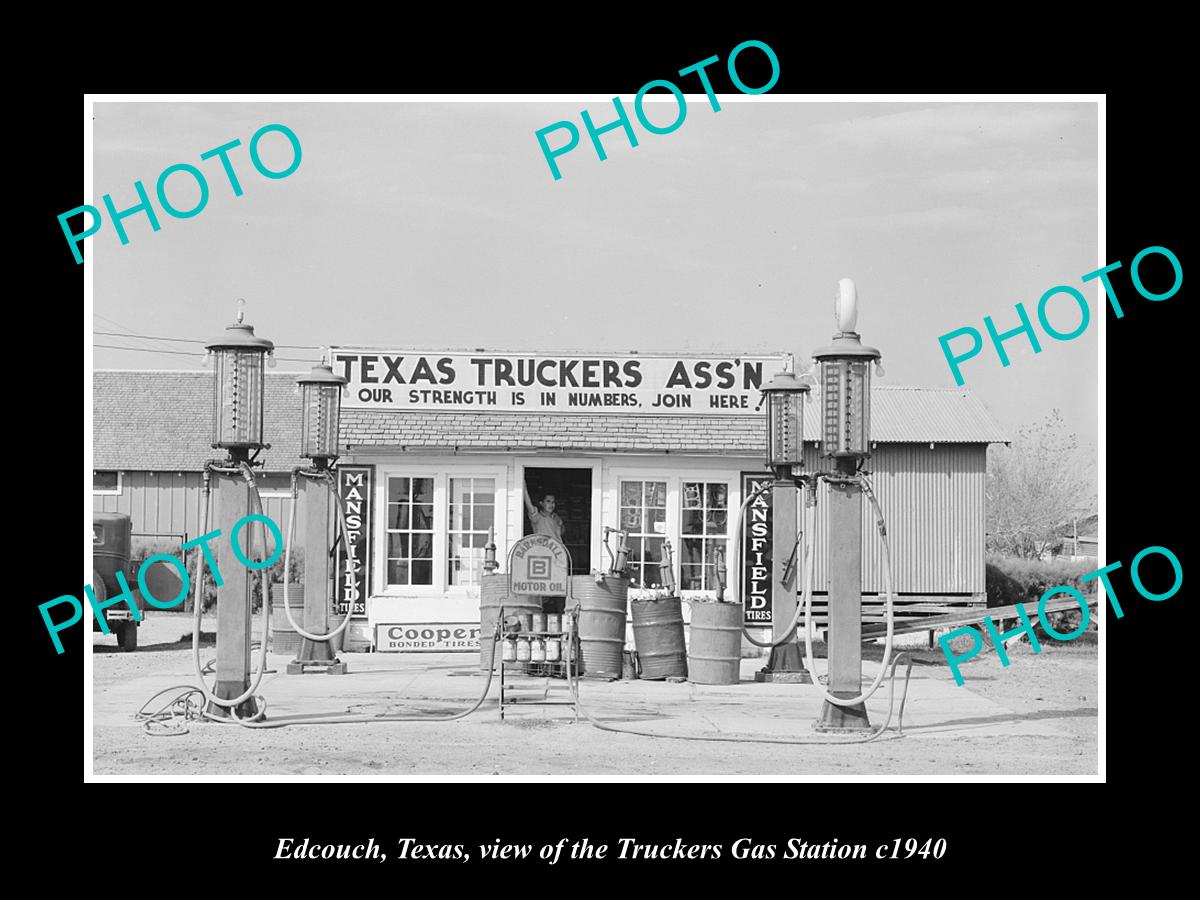 OLD LARGE HISTORIC PHOTO EDCOUCH TEXAS, THE TEXAS TRUCKERS GAS STATION c1940