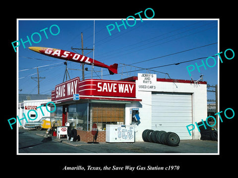 OLD LARGE HISTORIC PHOTO AMARILLO TEXAS, VIEW OF THE SAVE WAY GAS STATION c1970