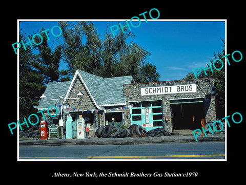 OLD LARGE HISTORIC PHOTO ATHENS NEW YORK, THE SCHMIDT GAS STATION c1970