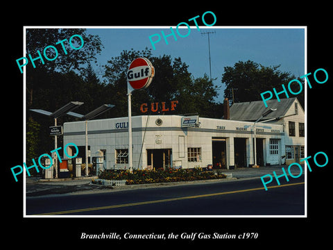 OLD LARGE HISTORIC PHOTO BRANCHVILLE CONNECTICUT, THE GULF OIL GAS STATION c1970