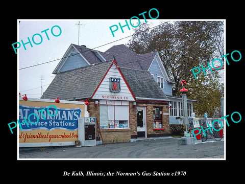 OLD LARGE HISTORIC PHOTO DE KALB ILLINOIS, THE NORMAN OIL GAS STATION c1970