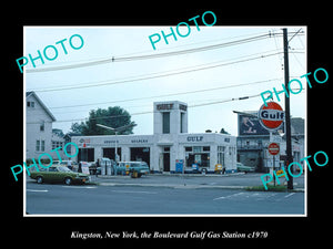 OLD LARGE HISTORIC PHOTO KINGSTON NEW YORK, THE GULF OIL GAS STATION c1970