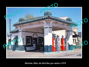 OLD LARGE HISTORIC PHOTO MARIETTA OHIO, THE RED STAR GAS STATION c1970