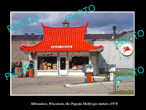 OLD LARGE HISTORIC PHOTO MILWAUKEE WISCONSIN, THE PAGODA MOBIL GAS STATION c1970