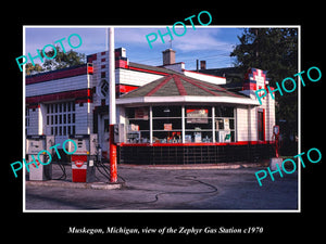 OLD LARGE HISTORIC PHOTO MUSKEGON MICHIGAN, THE ZEPHYR GAS STATION c1970