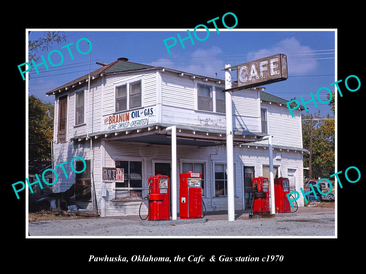 OLD LARGE HISTORIC PHOTO PAWHUSKA OKLAHOMA, THE CAFE & GAS STATION c1970