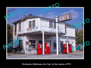 OLD LARGE HISTORIC PHOTO PAWHUSKA OKLAHOMA, THE CAFE & GAS STATION c1970