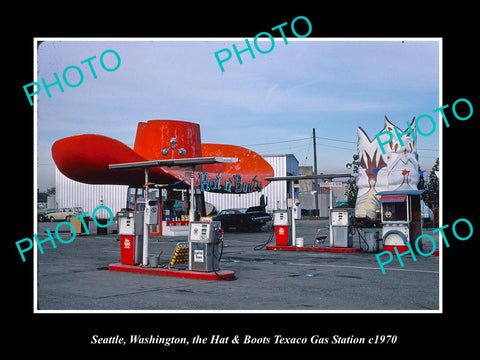 OLD LARGE HISTORIC PHOTO SEATTLE WASHINGTON, HAT & BOOTS TEXACO GAS STATION 1970