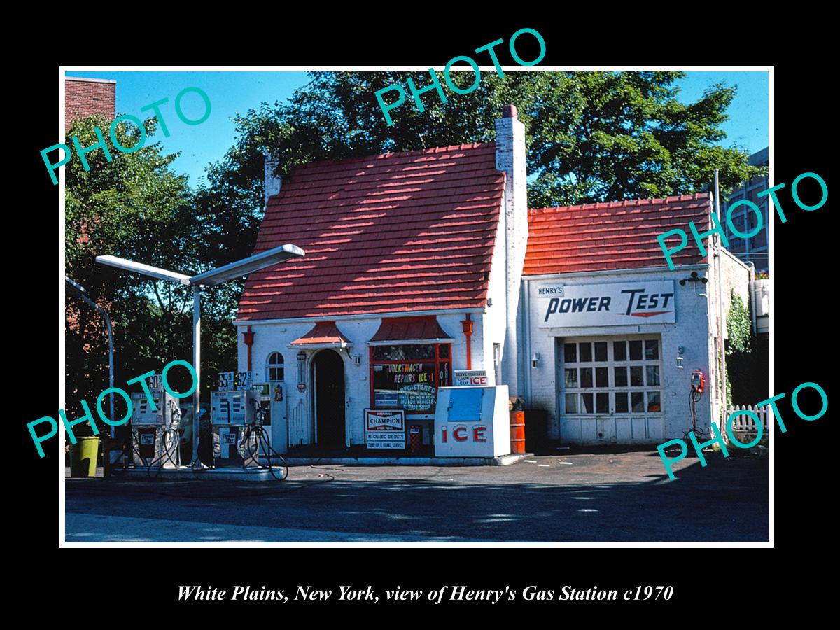 OLD LARGE HISTORIC PHOTO WHITE PLAINS NEW YORK, THE HENRYS GAS STATION c1970