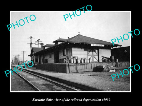 OLD LARGE HISTORIC PHOTO OF SARDINIA OHIO, THE RAILROAD DEPOT STATION c1930