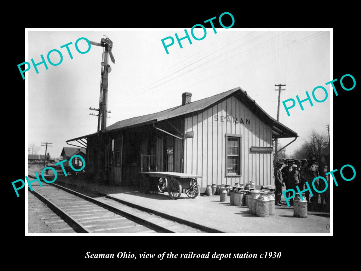 OLD LARGE HISTORIC PHOTO OF SEAMAN OHIO, THE RAILROAD DEPOT STATION c1930