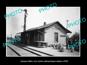 OLD LARGE HISTORIC PHOTO OF SEAMAN OHIO, THE RAILROAD DEPOT STATION c1930