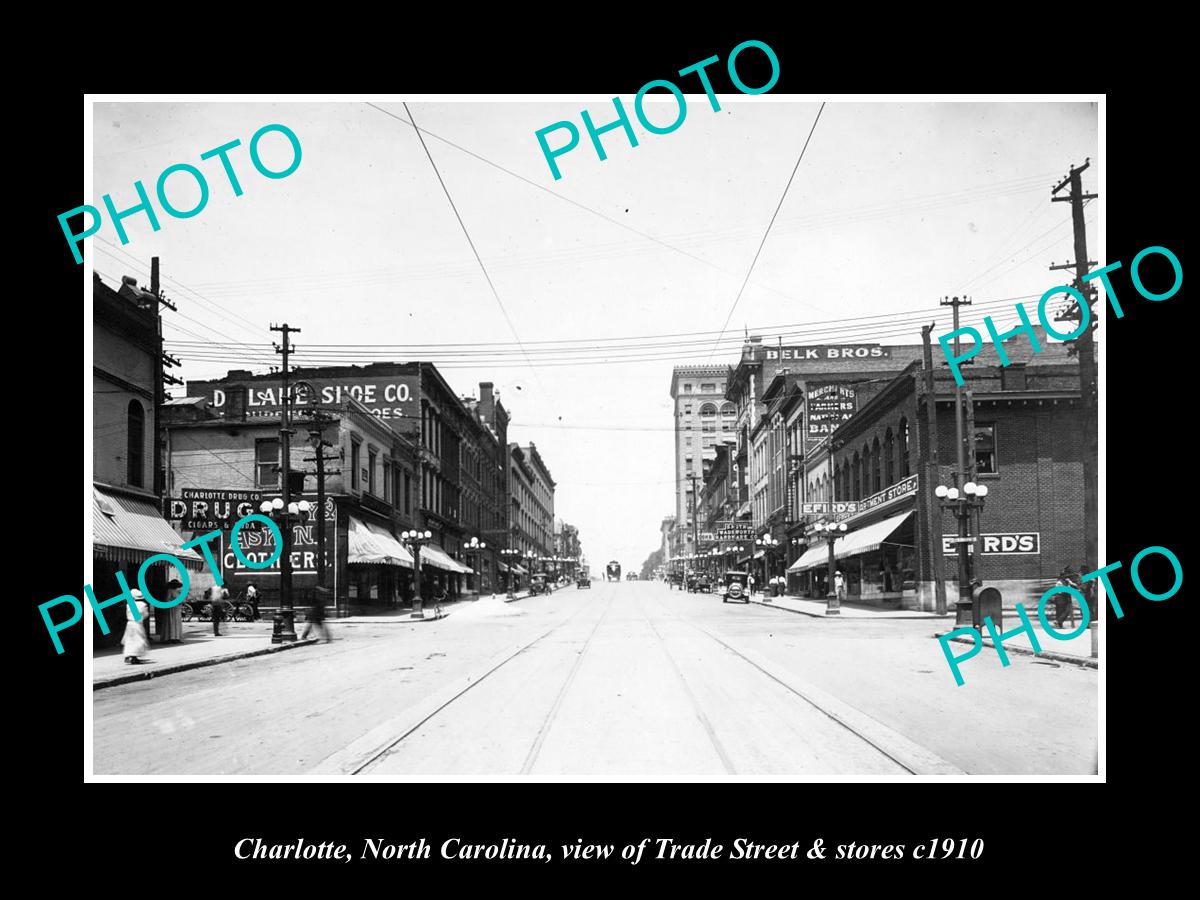 OLD LARGE HISTORIC PHOTO CHARLOTTE NORTH CAROLINA VIEW OF TRADE ST & STORES 1910