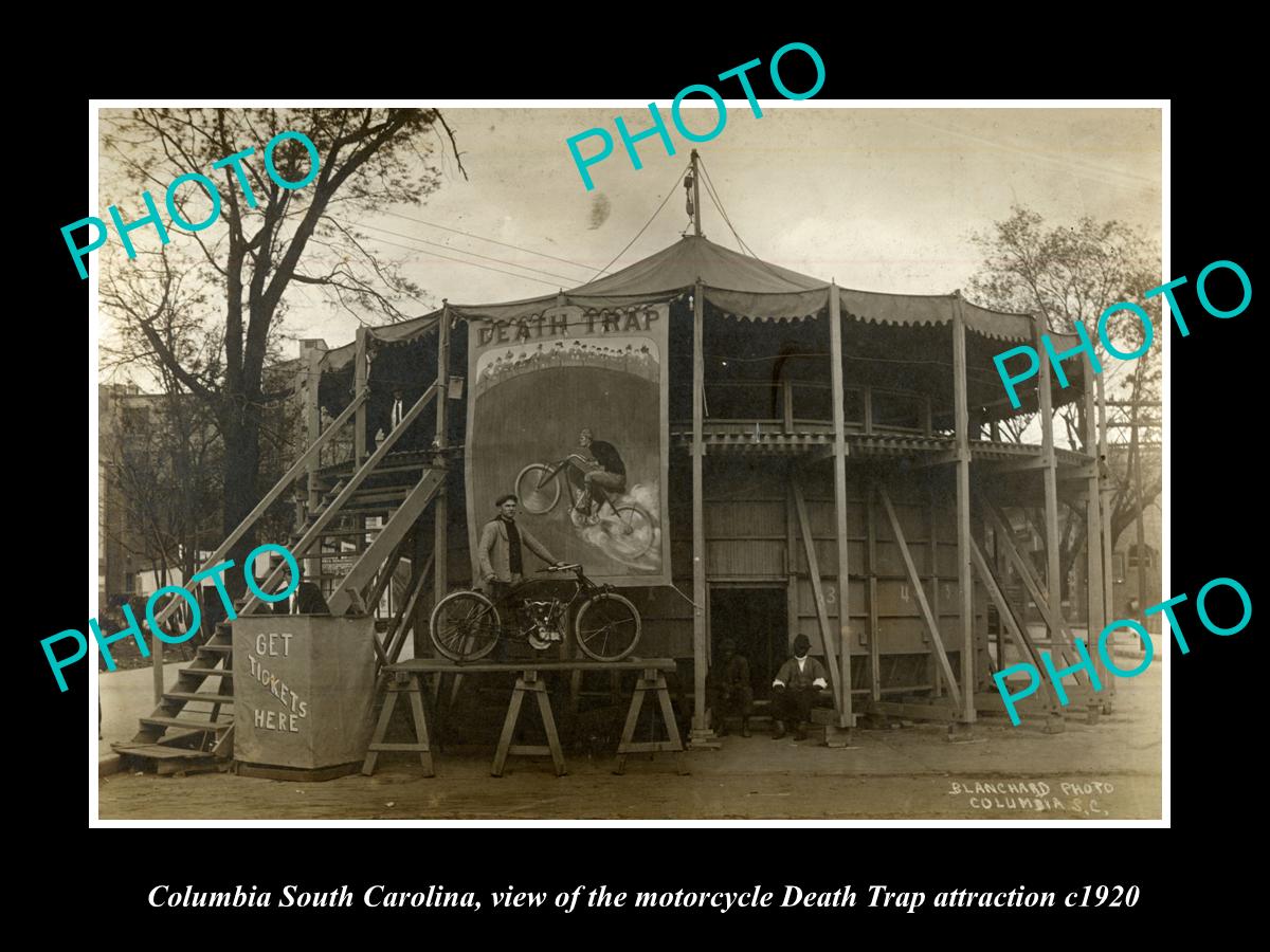 OLD LARGE HISTORIC PHOTO COLUMBIA SOUTH CAROLINA, THE DEATH TRAP MOTORCYCLE 1920