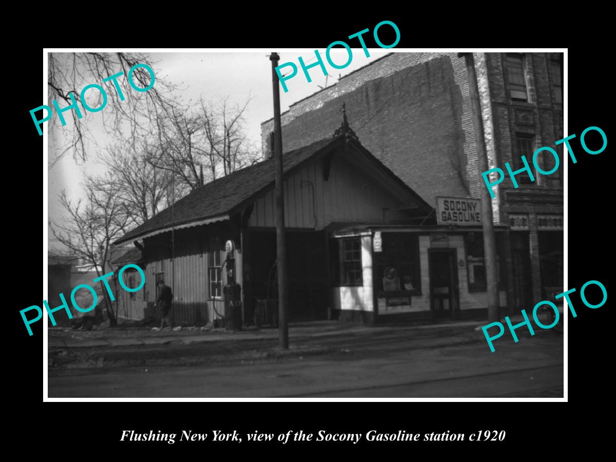 OLD LARGE HISTORIC PHOTO FLUSHING NEW YORK, THE SOCONY GAS STATION c1920