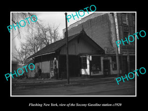 OLD LARGE HISTORIC PHOTO FLUSHING NEW YORK, THE SOCONY GAS STATION c1920