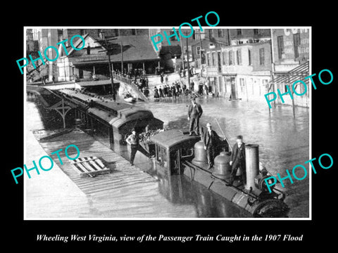 OLD LARGE HISTORIC PHOTO OF WHEELING WEST VIRGINIA, TRAIN CAUGHT IN 1907 FLOOD