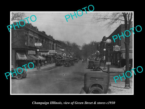 OLD LARGE HISTORIC PHOTO CHAMPAIGN ILLINOIS, VIEW OF GREEN STREET & STORES c1930