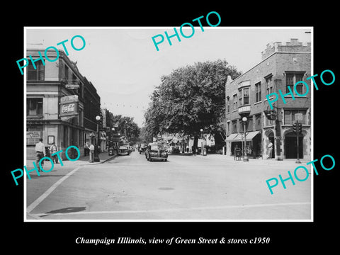 OLD LARGE HISTORIC PHOTO CHAMPAIGN ILLINOIS, VIEW OF GREEN STREET & STORES c1950