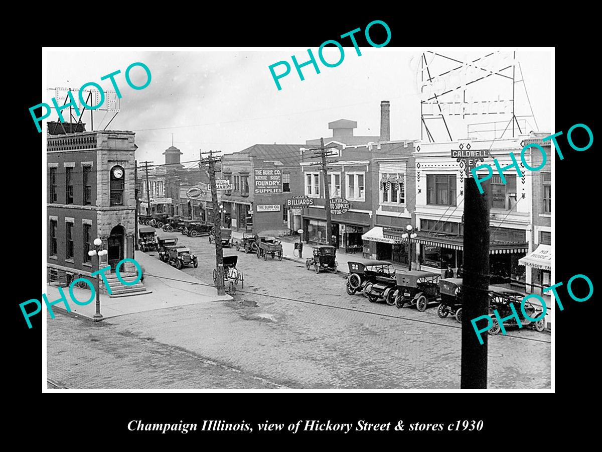 OLD LARGE HISTORIC PHOTO CHAMPAIGN ILLINOIS, VIEW OF HICKORY ST & STORES c1930