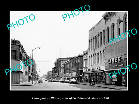 OLD LARGE HISTORIC PHOTO CHAMPAIGN ILLINOIS, VIEW OF NEIL STREET & STORES c1930