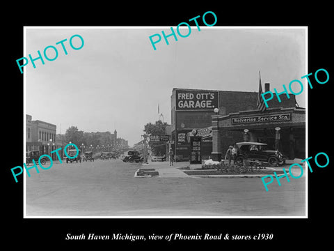 OLD LARGE HISTORIC PHOTO SOUTH HAVEN MICHIGAN, PHOENIX ROAD & STORES c1930 1