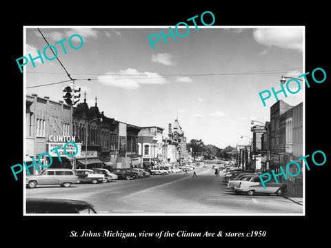 OLD LARGE HISTORIC PHOTO ST JOHNS MICHIGAN, VIEW OF CLINTON AVE & STORES c1950